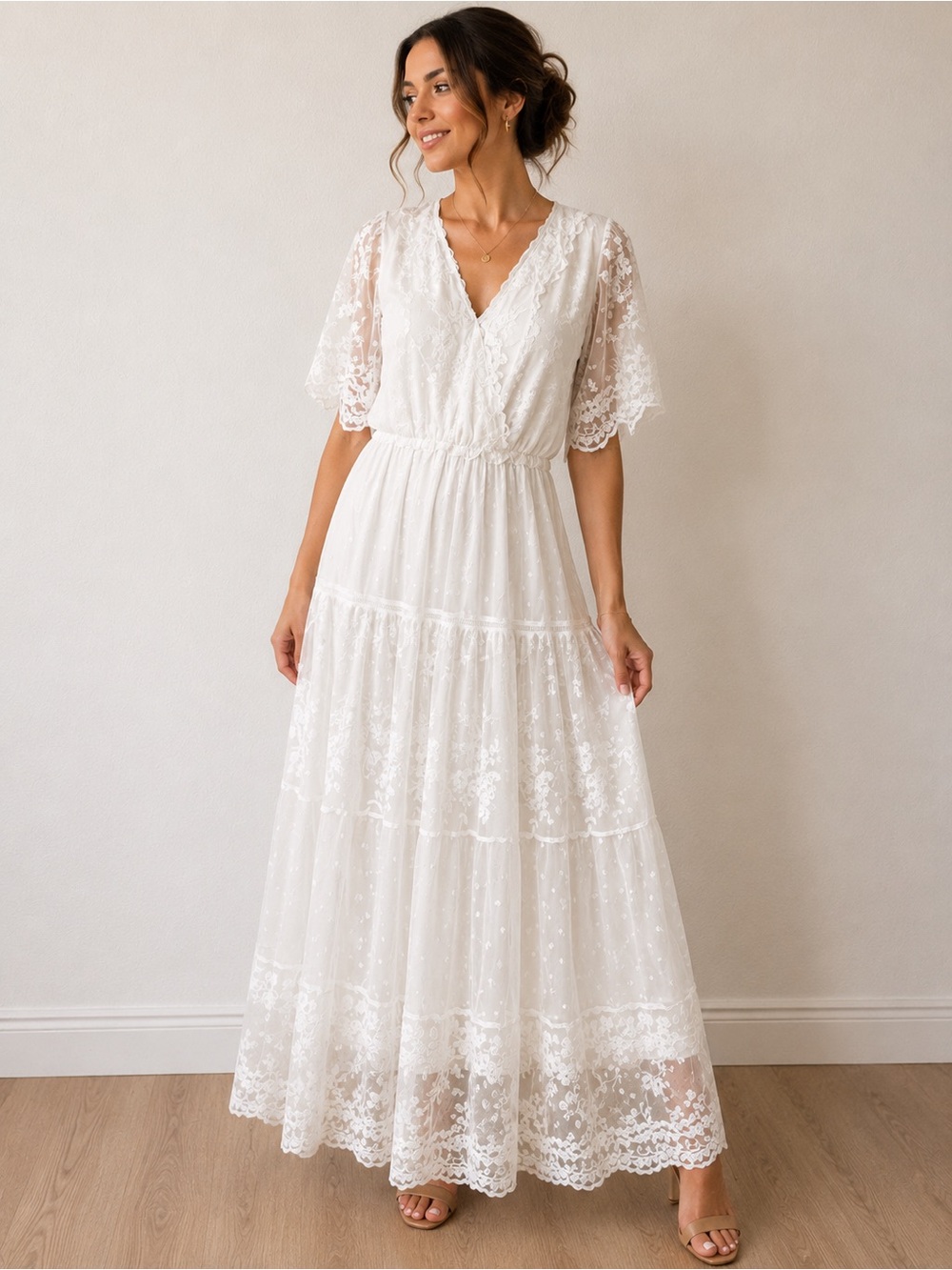 JJs House White Lace Maxi Dress with Flutter Sleeves